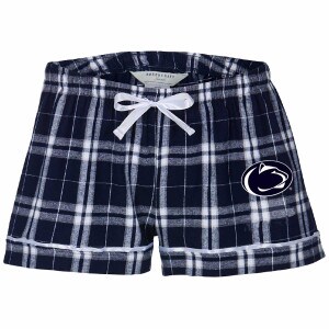 women's navy plaid flannel shorts with Penn State Athletic Logo on left thigh
